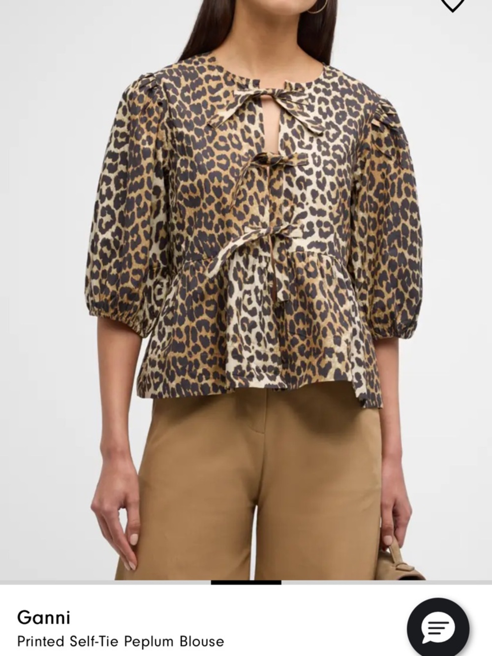 Ganni Leopard-Print Self-Tie Peplum Blouse - Brown/Black/Cream- size 6.